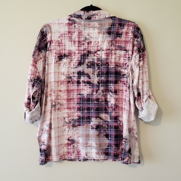 Dear John Arianna Plaid Tie Dye Button Down Roll Tab Sleeves Lightweight Blouse - Picture 5 of 13